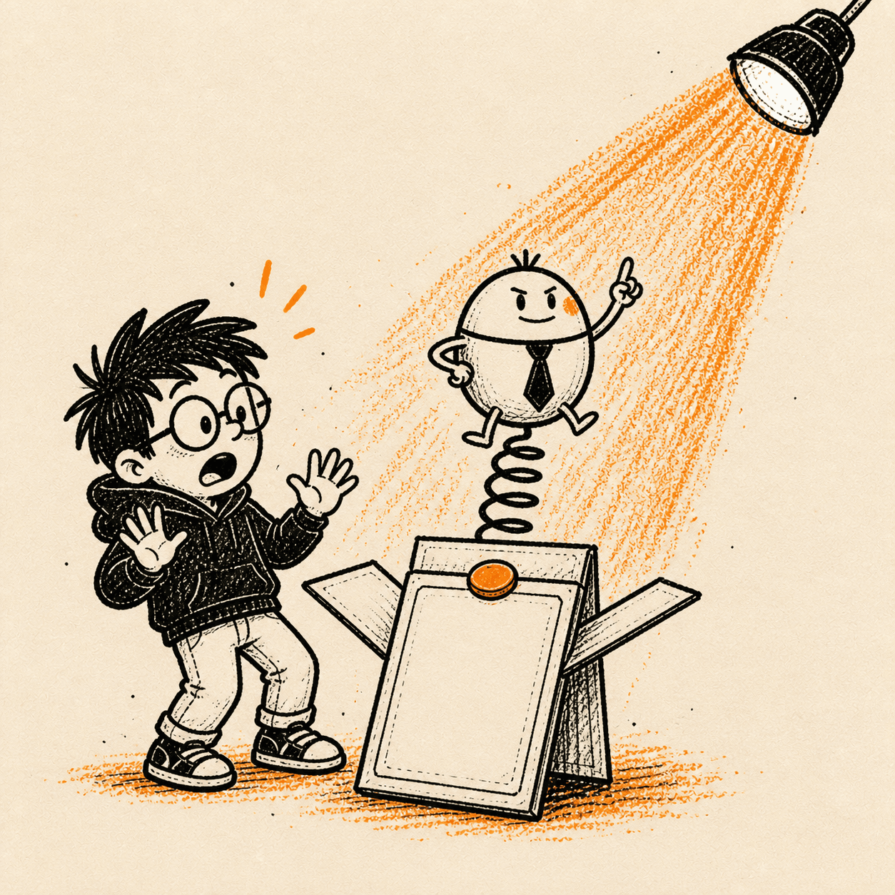 A ridiculous startup mascot springs out of the revealed card under an orange spotlight.