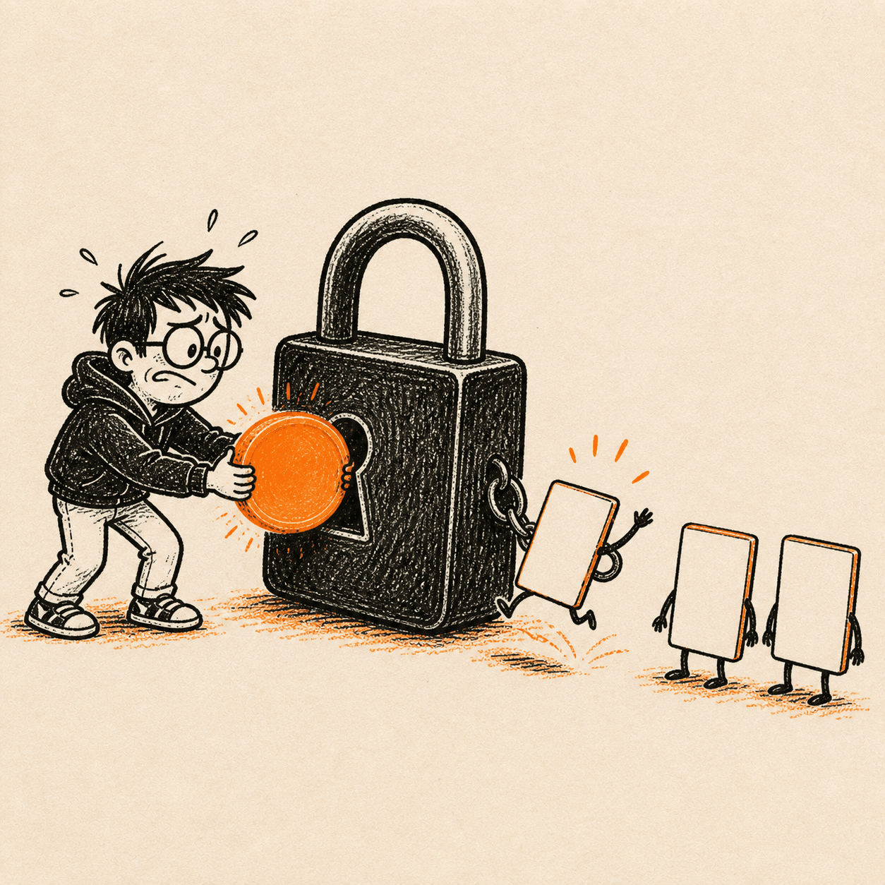 A founder locks an orange token in a giant padlock and the startup card joins the active queue.