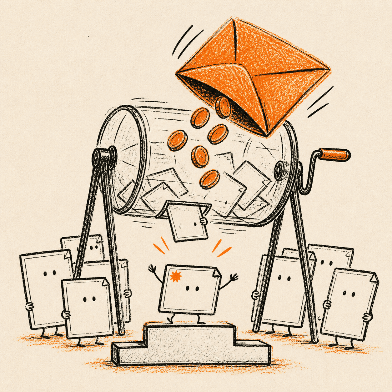 A lottery drum selects one startup card and drops an orange prize envelope and coins above it.
